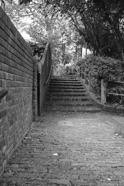 A black and white photograph showing a set of outdoor stairs made of concrete or stone, leading upward between a brick wall on the left and lush, well-maintained trees and shrubbery on the right. The stairs have visible signs of use, with some debris and fallen leaves scattered across the steps and the paved pathway at the base. The scene appears to be part of a residential or community walkway, with a narrow pathway at the bottom extending toward the stairs, suggesting a private or semi-private area where independent rubbish removal or on-site clearance services provided by companies like rubbishremovalwesthampstead.co.uk may assist with managing waste accumulated in such accessible outdoor environments.